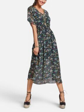 Cabi Fiesta Dress Medium Floral Midi Dress w Removable Slip Boho Smocked Waist